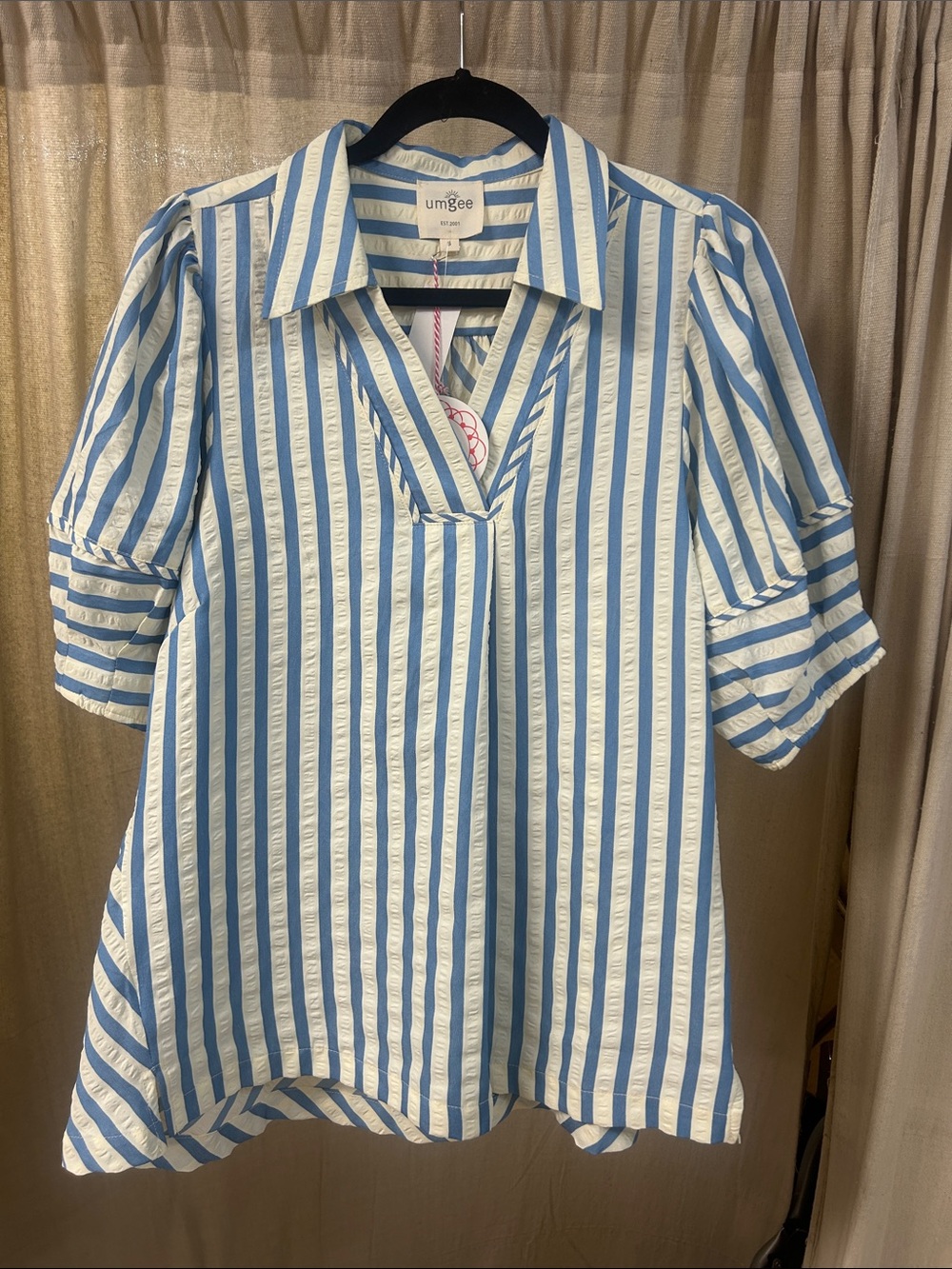 Umgee Blue & White Striped Puff Sleeve V-Neck
